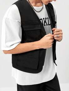Manfinity Men Letter Patched Flap Pocket Vest Jacket - Black - View 3