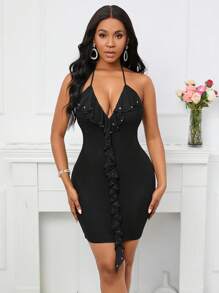 VaVaBold Ruffle Trim Tie Backless Bodycon Dress - Black - View 4