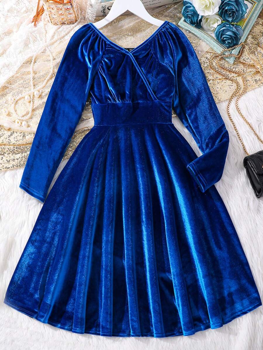 SHEIN Thiếu niên cô gái Chất rắn Vạt nghiêng mặt trước Nhung Váy chữ A - Màu xanh lam - Xem 1