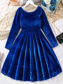SHEIN Thiếu niên cô gái Chất rắn Vạt nghiêng mặt trước Nhung Váy chữ A - Màu xanh lam - Xem 2