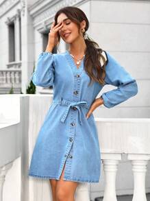 SHEIN Frenchy 前紐扣腰帶牛仔裙 - 中等水洗藍 - 查看 1