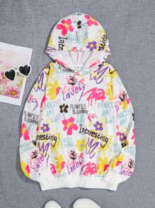 SHEIN EZwear 大码涂鸦印花落肩卫衣 - 白色 - 查看 1