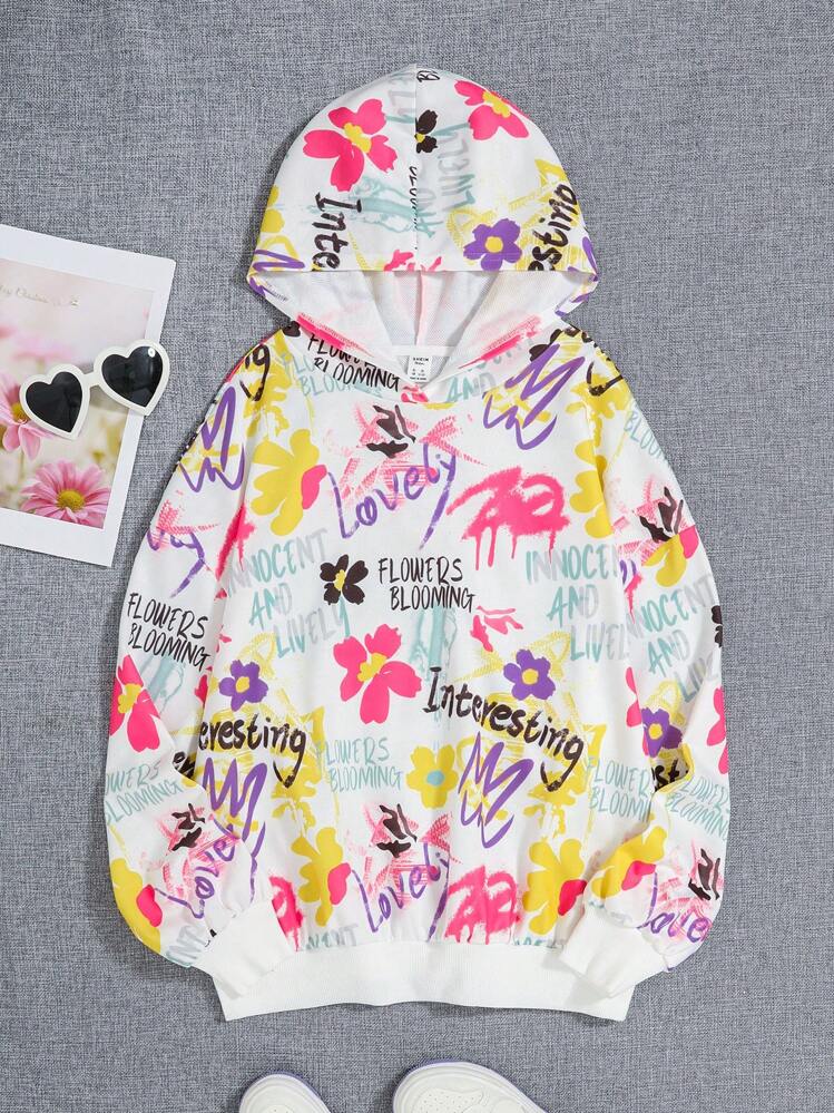 SHEIN Teen Girl Slogan & Floral Print Drop Shoulder Sweatshirt - Multicolor - View 1