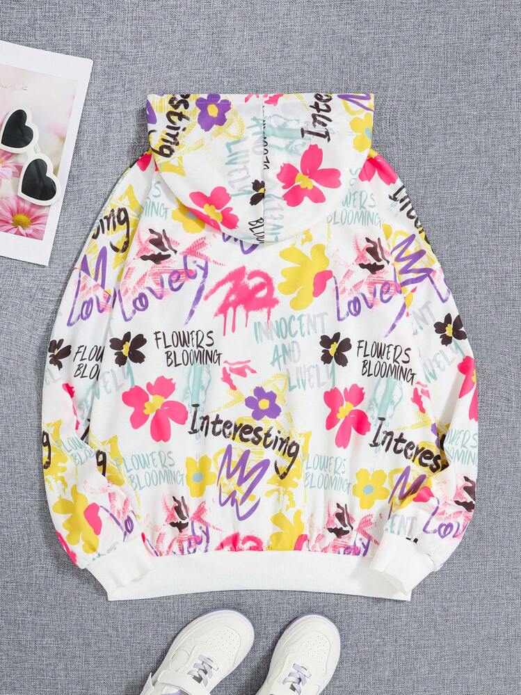 SHEIN Teen Girl Slogan & Floral Print Drop Shoulder Sweatshirt - Multicolor - View 2
