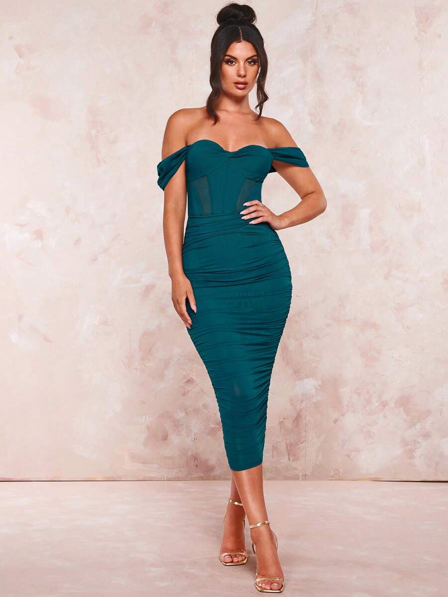SHEIN BAE Off Shoulder Xù Chèn lưới Váy bodycon - Màu xanh ngọc - Xem 1