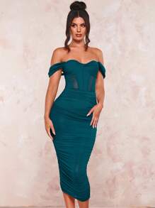 SHEIN BAE Off Shoulder Xù Chèn lưới Váy bodycon - Màu xanh ngọc - Xem 2