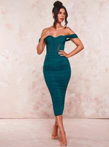 SHEIN BAE Off Shoulder Xù Chèn lưới Váy bodycon - Màu xanh ngọc - Xem 3