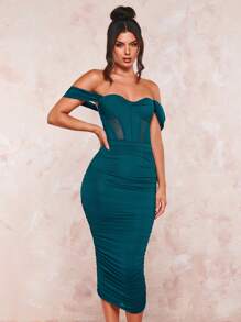SHEIN BAE Off Shoulder Xù Chèn lưới Váy bodycon - Màu xanh ngọc - Xem 4