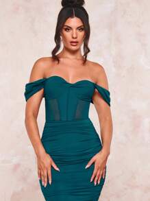 SHEIN BAE Off Shoulder Xù Chèn lưới Váy bodycon - Màu xanh ngọc - Xem 5