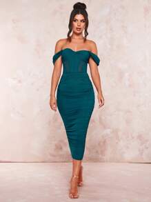 SHEIN BAE Off Shoulder Xù Chèn lưới Váy bodycon - Màu xanh ngọc - Xem 6