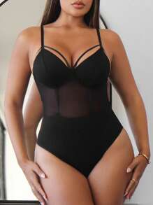 SHEIN SXY Bộ đồ liền thân Cami phối lưới màu trơn mùa hè - màu đen - Xem 3