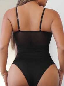 SHEIN SXY Bộ đồ liền thân Cami phối lưới màu trơn mùa hè - màu đen - Xem 2