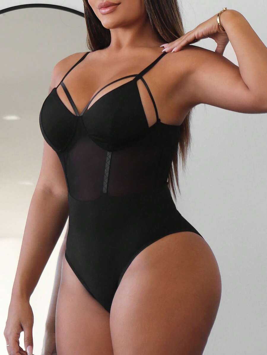 SHEIN SXY Bộ đồ liền thân Cami phối lưới màu trơn mùa hè - màu đen - Xem 1