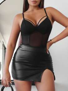 SHEIN SXY Bộ đồ liền thân Cami phối lưới màu trơn mùa hè - màu đen - Xem 5