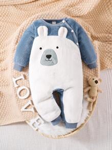 Baby Girl Cartoon Embroidery 3D Ears Design Flannel Jumpsuit - Blue and White - View 1