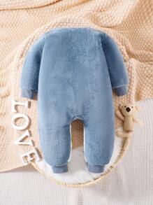 Baby Girl Cartoon Embroidery 3D Ears Design Flannel Jumpsuit - Blue and White - View 2