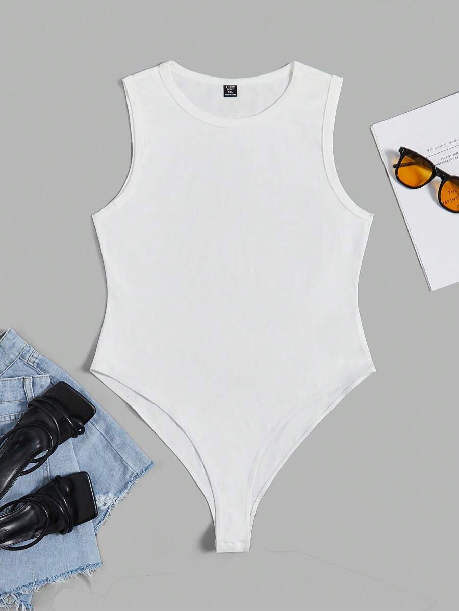 SHEIN EZwear 大碼素色背心連體衣 - 白色 - 查看 1