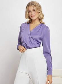 BizChic Chất rắn Surplice cổ Xa ten Áo sơ mi - Màu tím - Xem 1