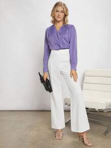 BizChic Chất rắn Surplice cổ Xa ten Áo sơ mi - Màu tím - Xem 3