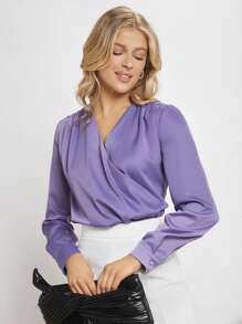 BizChic Chất rắn Surplice cổ Xa ten Áo sơ mi - Màu tím - Xem 6