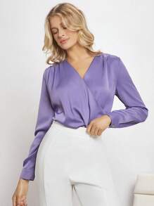 BizChic Chất rắn Surplice cổ Xa ten Áo sơ mi - Màu tím - Xem 7