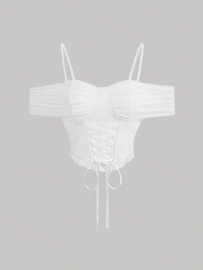 SHEIN MOD 前繫帶挖肩蕾絲邊短款上衣