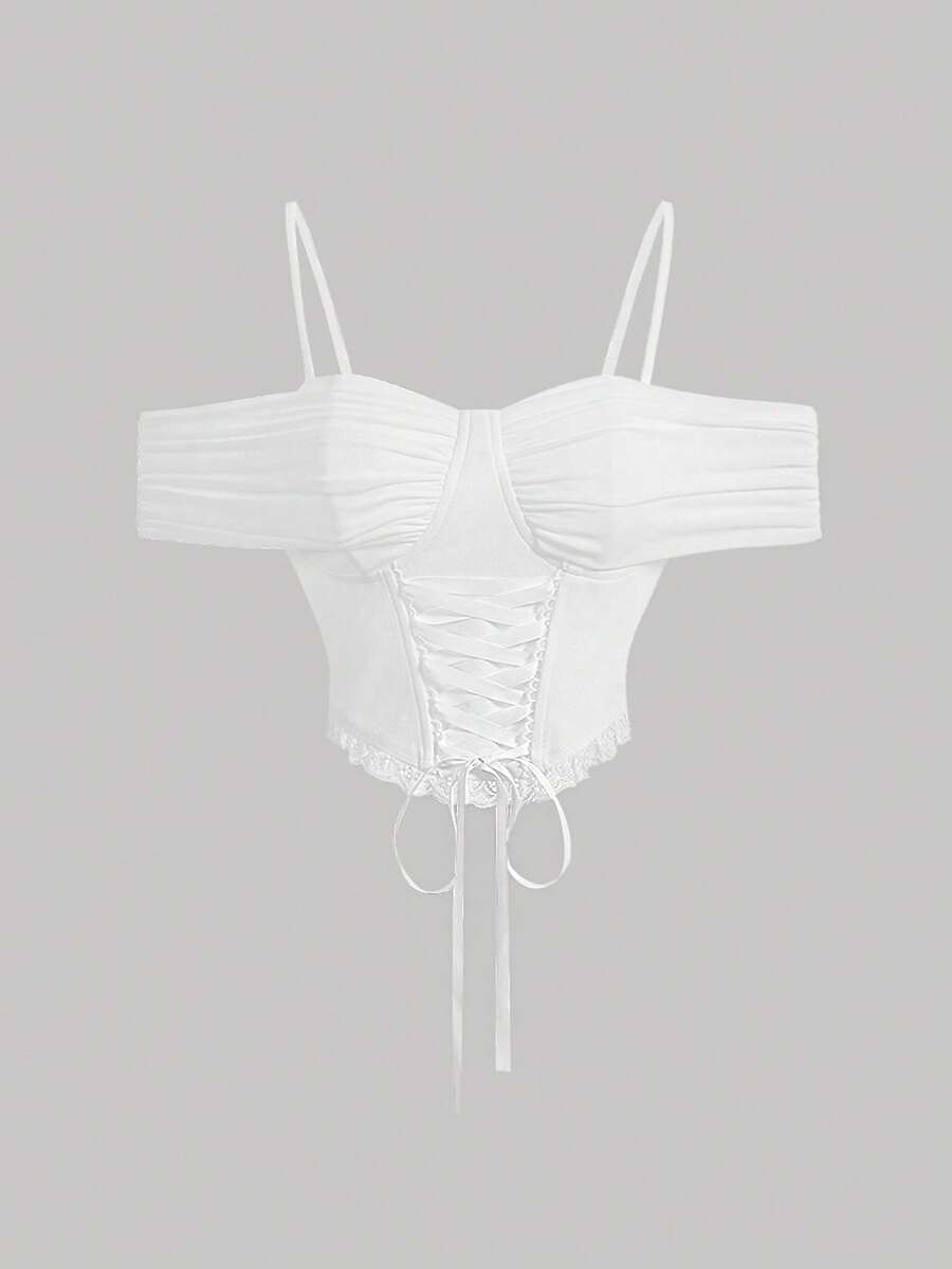 SHEIN MOD 前繫帶挖肩蕾絲邊短款上衣 - 白色 - 查看 1