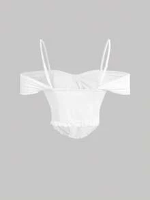 SHEIN MOD 前繫帶挖肩蕾絲邊短款上衣 - 白色 - 查看 2