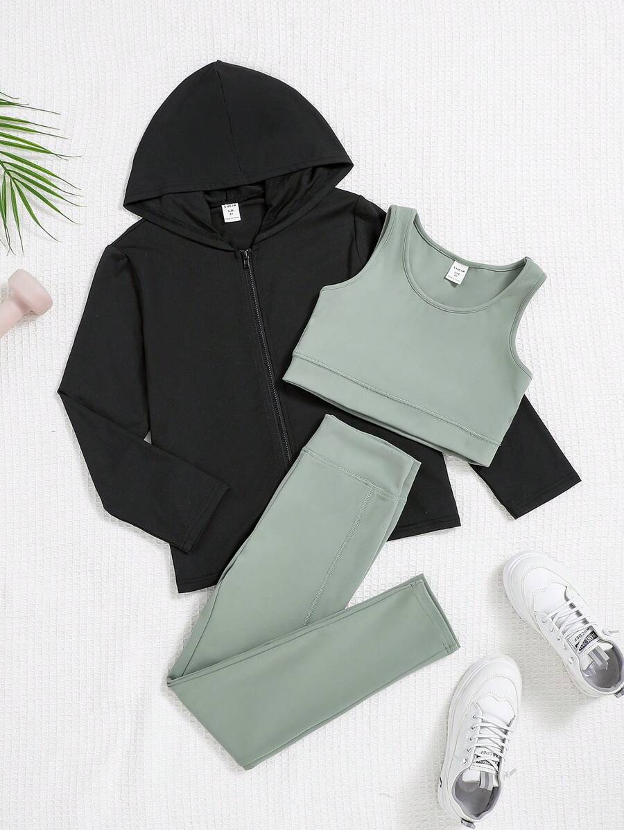 Survêtement Fille 3 Pièces - Sweat Zippé, Legging Et Débardeur - Pour Patinage, Danse, Gym - Taille 5-6 à 15-16 Ans