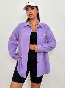 SHEIN EZwear Plus Letter Patched Detail Drop Shoulder Corduroy Coat - Purple - View 5
