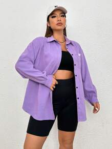 SHEIN EZwear Plus Letter Patched Detail Drop Shoulder Corduroy Coat - Purple - View 6