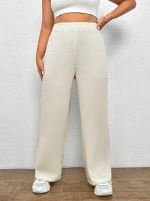 SHEIN EZwear Plus Solid Wide Leg Trousers - Beige - View 4