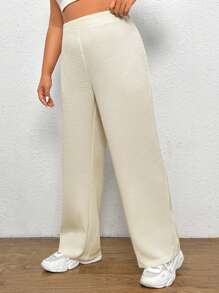 SHEIN EZwear Plus Solid Wide Leg Trousers - Beige - View 3