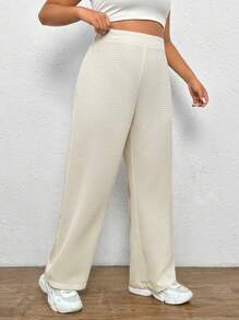 SHEIN EZwear Plus Solid Wide Leg Trousers - Beige - View 1