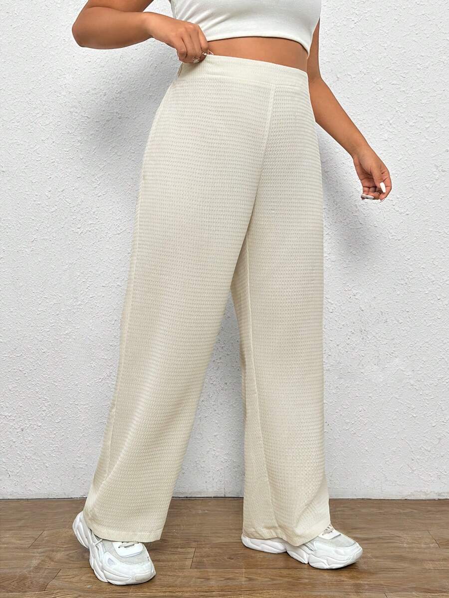 SHEIN EZwear Plus Solid Wide Leg Trousers - Beige - View 1