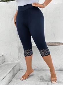 EMERY ROSE Plus Contrast Lace Capri Leggings - Navy Blue - View 4