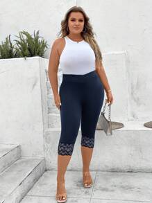 EMERY ROSE Plus Contrast Lace Capri Leggings - Navy Blue - View 6