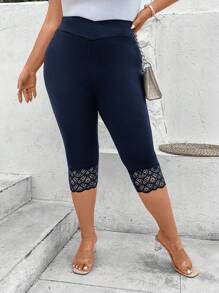 EMERY ROSE Plus Contrast Lace Capri Leggings - Navy Blue - View 7