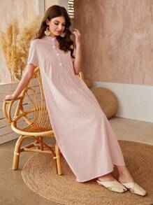 Mulvari Vestido smock unicolor con botón delantero - Rosa Pálido - Ver 5