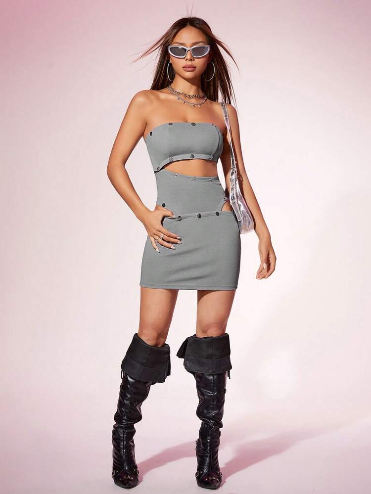 Cut Out Button Detail Tube Bodycon Dress