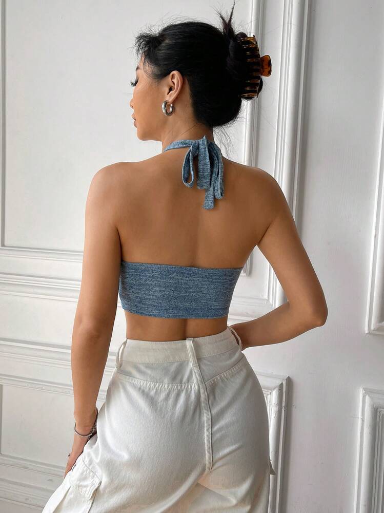 SHEIN EZwear Space Dye Tie Backless Crop Halter Top - Blue - View 2