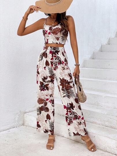 SHEIN VCAY Floral Print Cami Top & Wide Leg Trousers