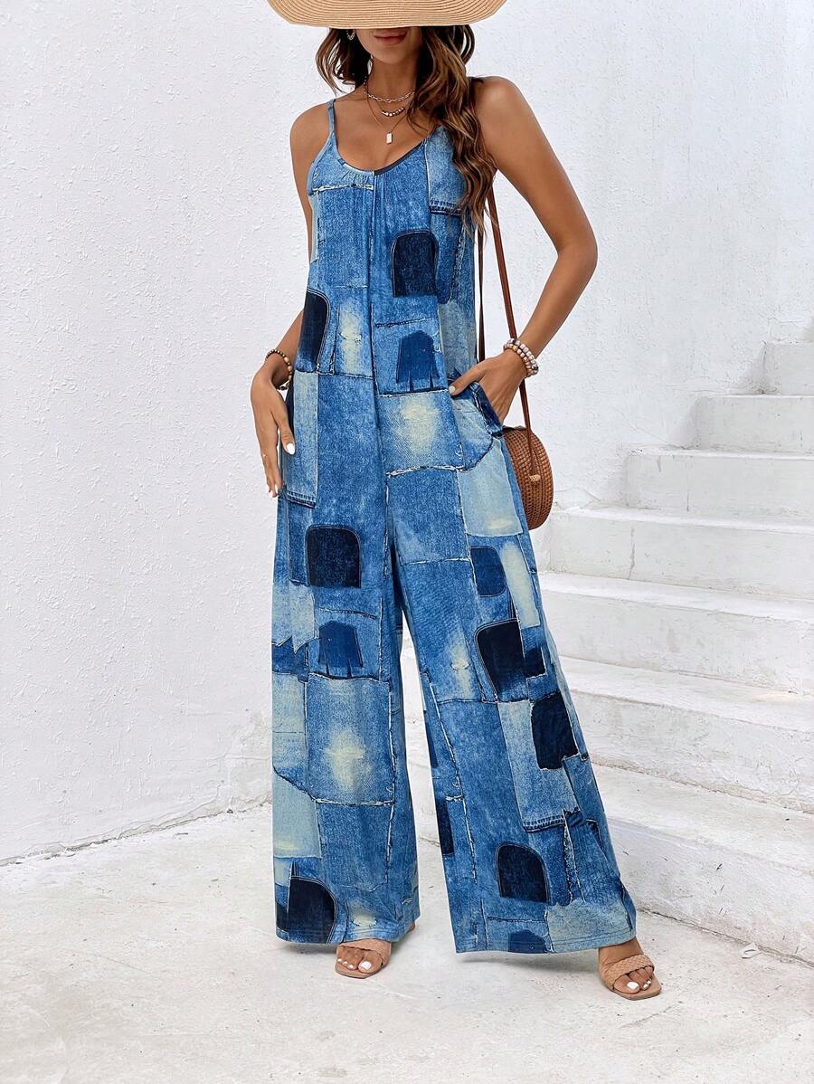 SHEIN VCAY Patchwork Print Wide Leg Cami Jumpsuit - Blue - View 1