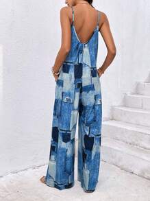 SHEIN VCAY Patchwork Print Wide Leg Cami Jumpsuit - Blue - View 2
