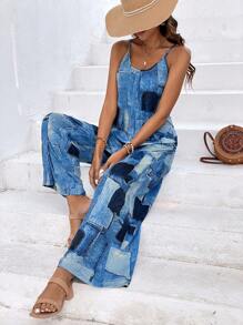 SHEIN VCAY Patchwork Print Wide Leg Cami Jumpsuit - Blue - View 3