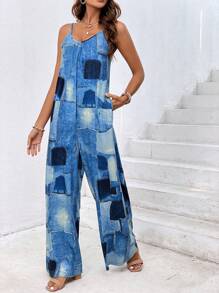 SHEIN VCAY Patchwork Print Wide Leg Cami Jumpsuit - Blue - View 6