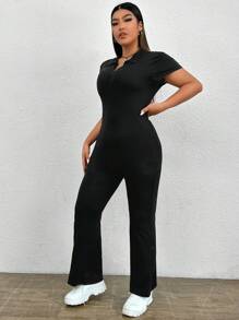 SHEIN EZwear 大碼條紋針織喇叭連身褲 - 黑色 - 查看 3