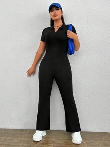 SHEIN EZwear 大碼條紋針織喇叭連身褲 - 黑色 - 查看 4