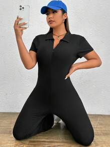 SHEIN EZwear 大碼條紋針織喇叭連身褲 - 黑色 - 查看 5