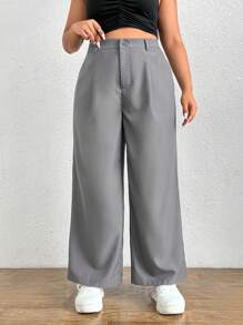 SHEIN EZwear 大碼高腰闊腿褲 - 灰色 - 查看 1